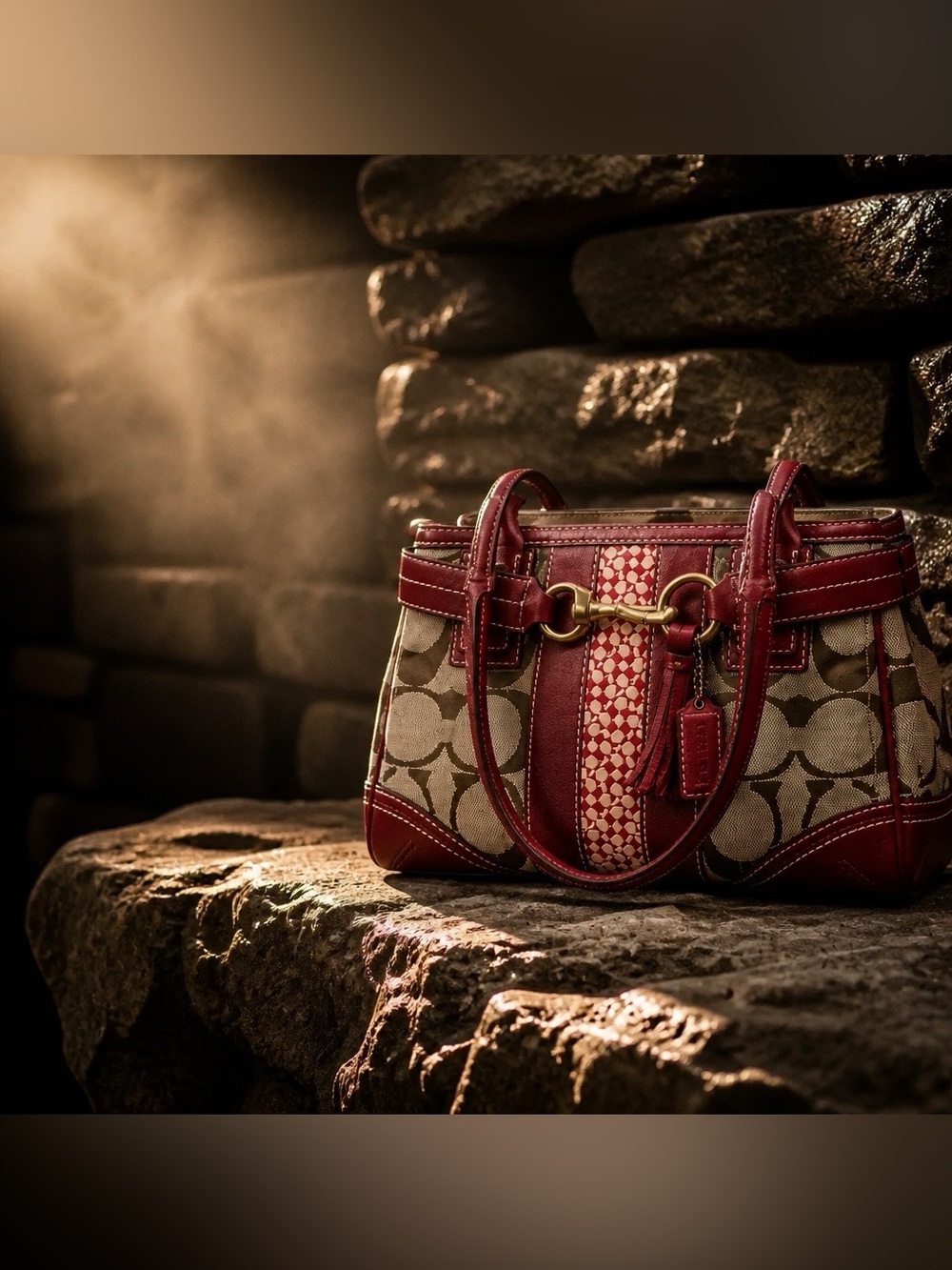 The Hampton Heritage Satchel – Vintage Monogram Canvas & Burgundy Leather Carrie - Picture 2 of 3